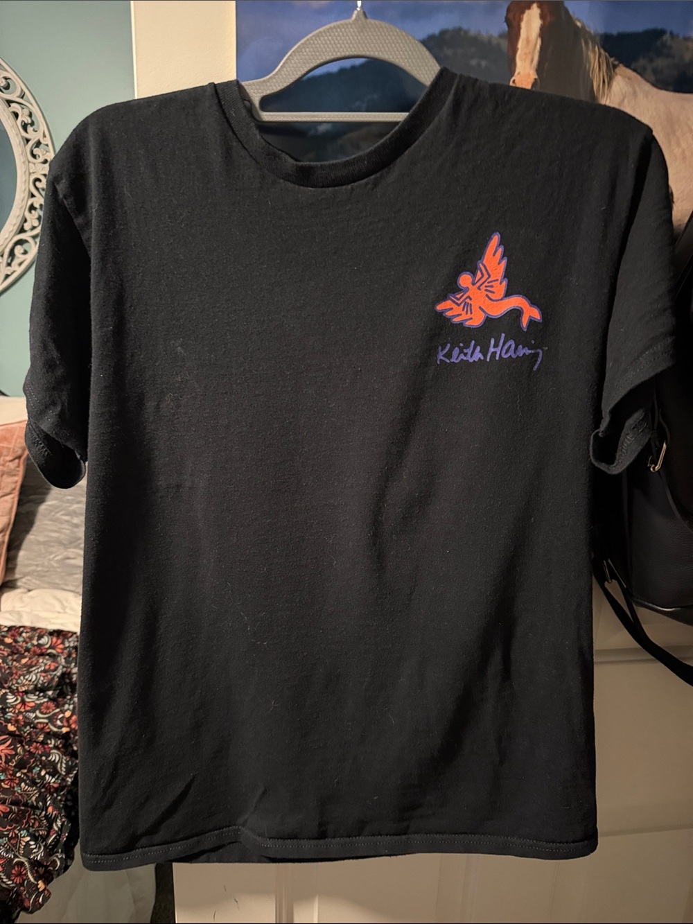 Keith Haring Black Short Sleeve Tee with Orange and Purple Chest Graphic